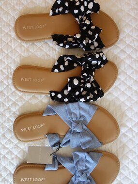 Two Pair (NWT & EUC) WEST LOOP Cushioned Upper Fabric Bow Slide Sandals L 9/10